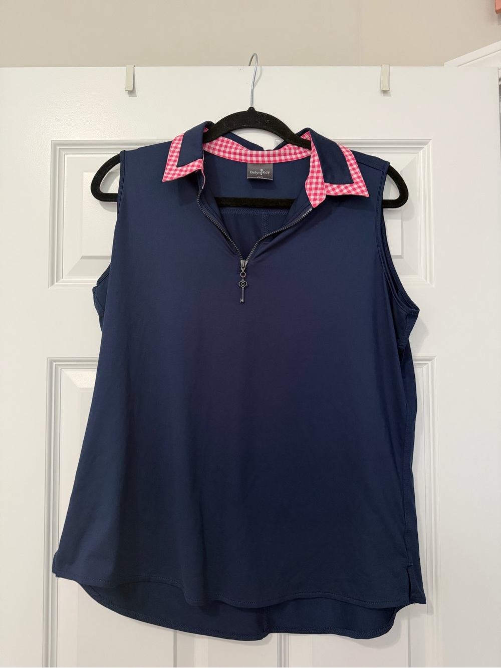 Belyn Key Navy Sleeveless Polo Top with Pink Gingham Collar
